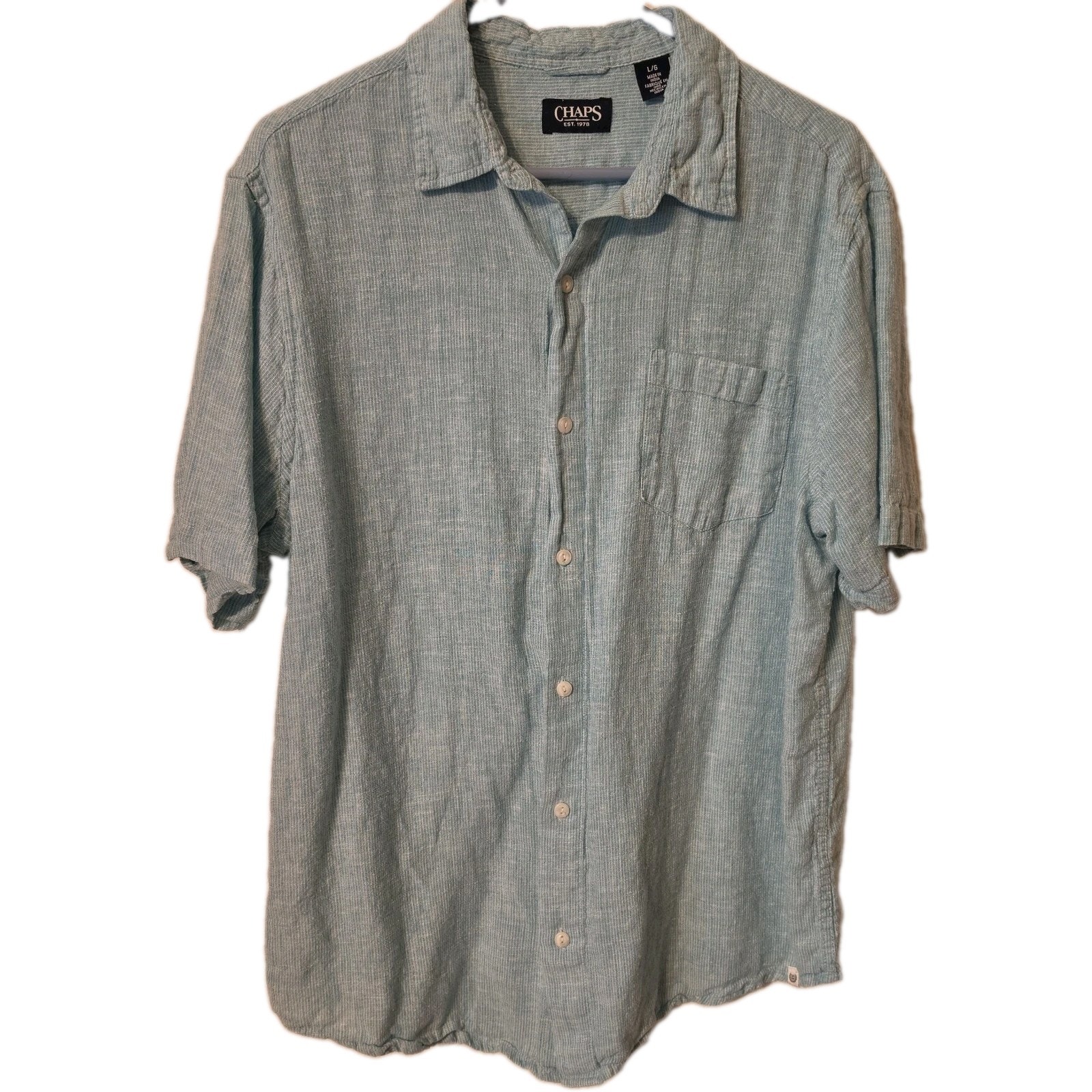 Chaps Mens Shirt Linen Lyocell Short Sleeve Button Down Aqua Blue Size L
